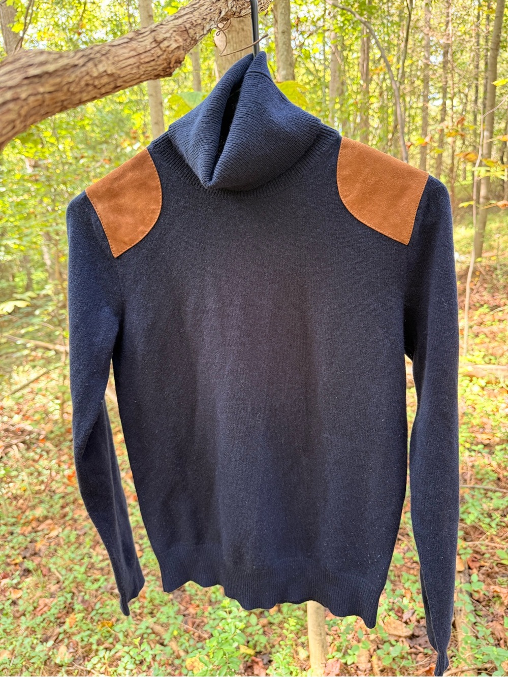 Polo Ralph Lauren Cashmere Wool Turtleneck Sweater Suede Patch Navy Womens M